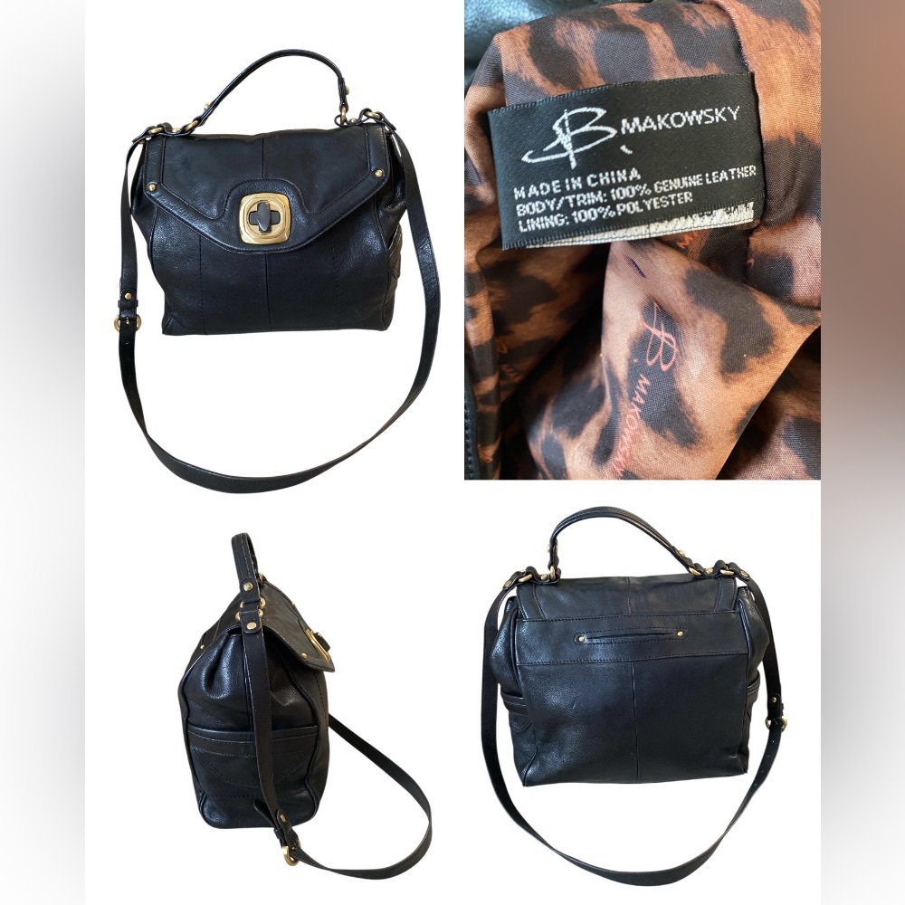 B. Makowsky black leather flap top cross body satchel bag